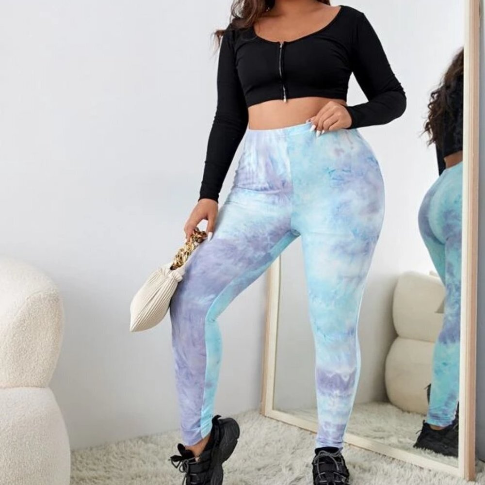 BOGO4X 3X 2X  Plus Size High Waist Blue Purple White Tie Dye Full Length pants